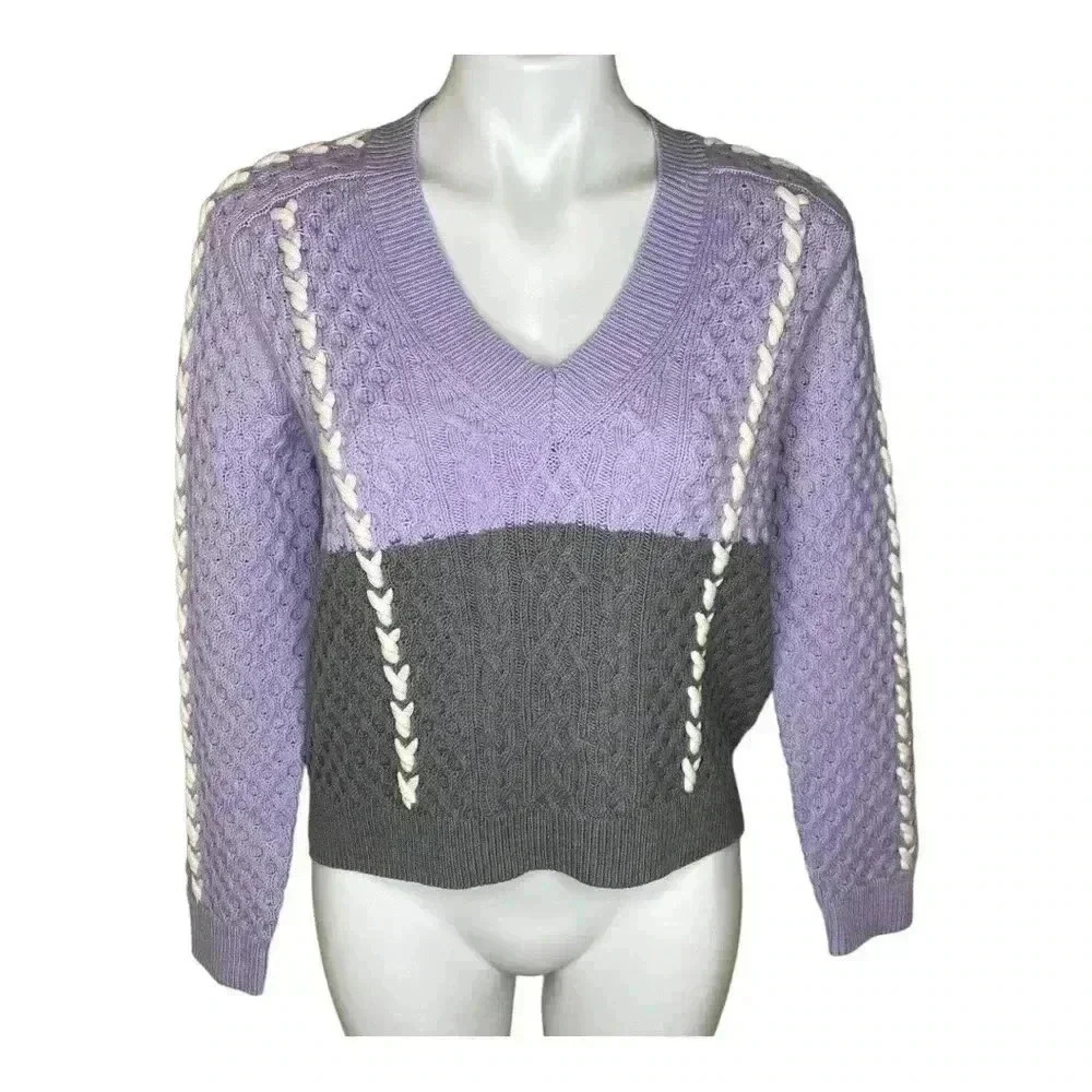 Club Monaco cable Knit Sweater V-Neck Color Block Chandails Purple Violet